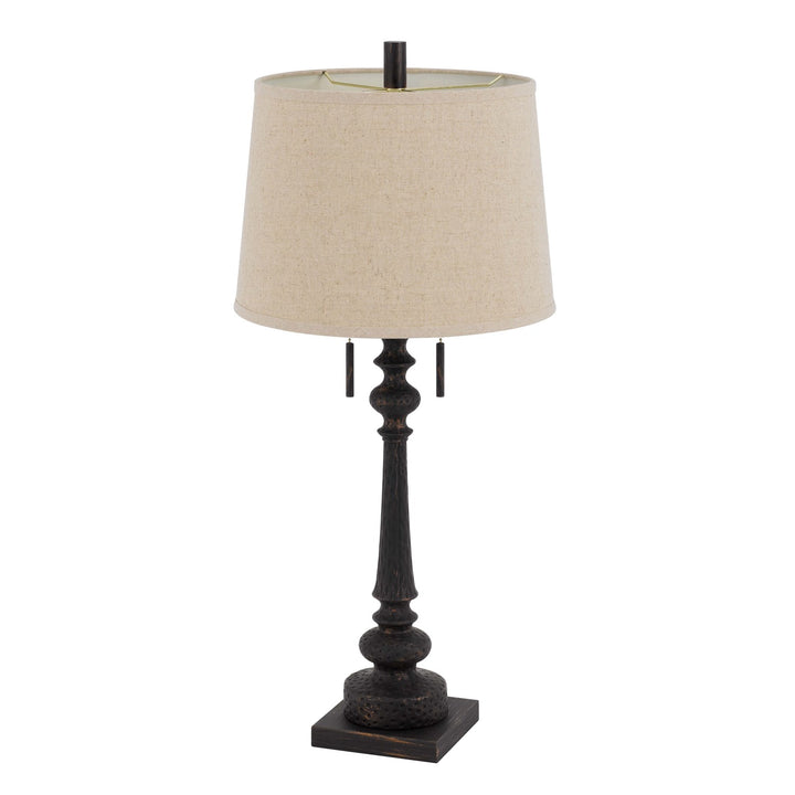 Resin Table Lamp With Pull Chain Switch And Hardback Linen Shade