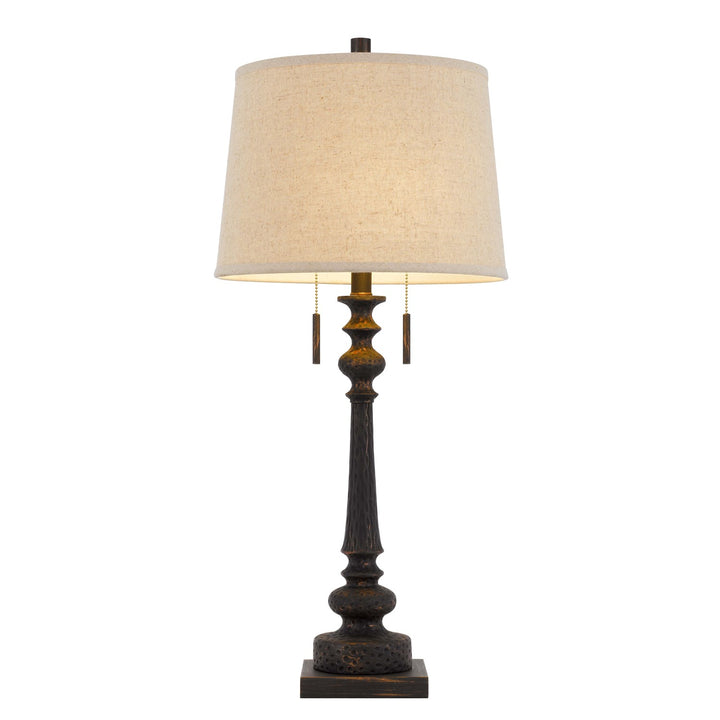 Resin Table Lamp With Pull Chain Switch And Hardback Linen Shade