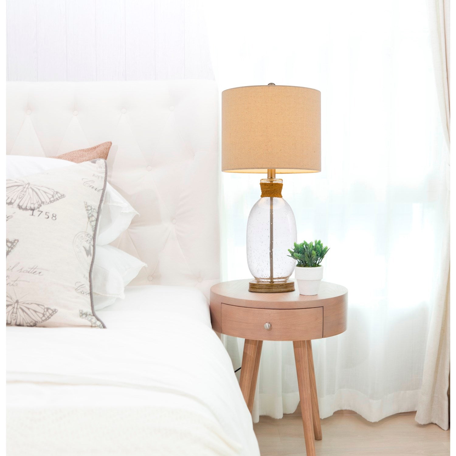 Bubbled Glass Table Lamp With Resin Base And Hardback Drum Linen Shade