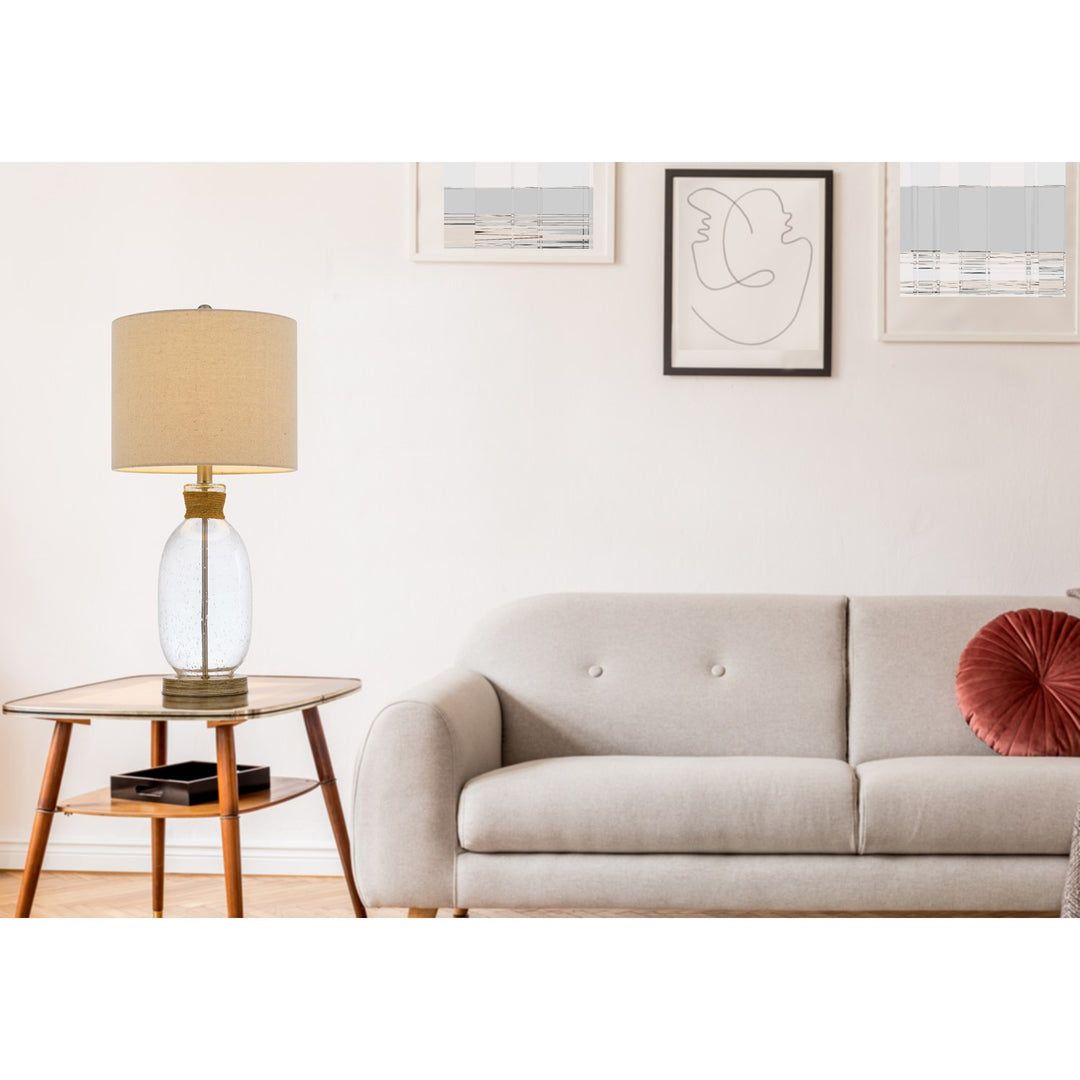 Bubbled Glass Table Lamp With Resin Base And Hardback Drum Linen Shade