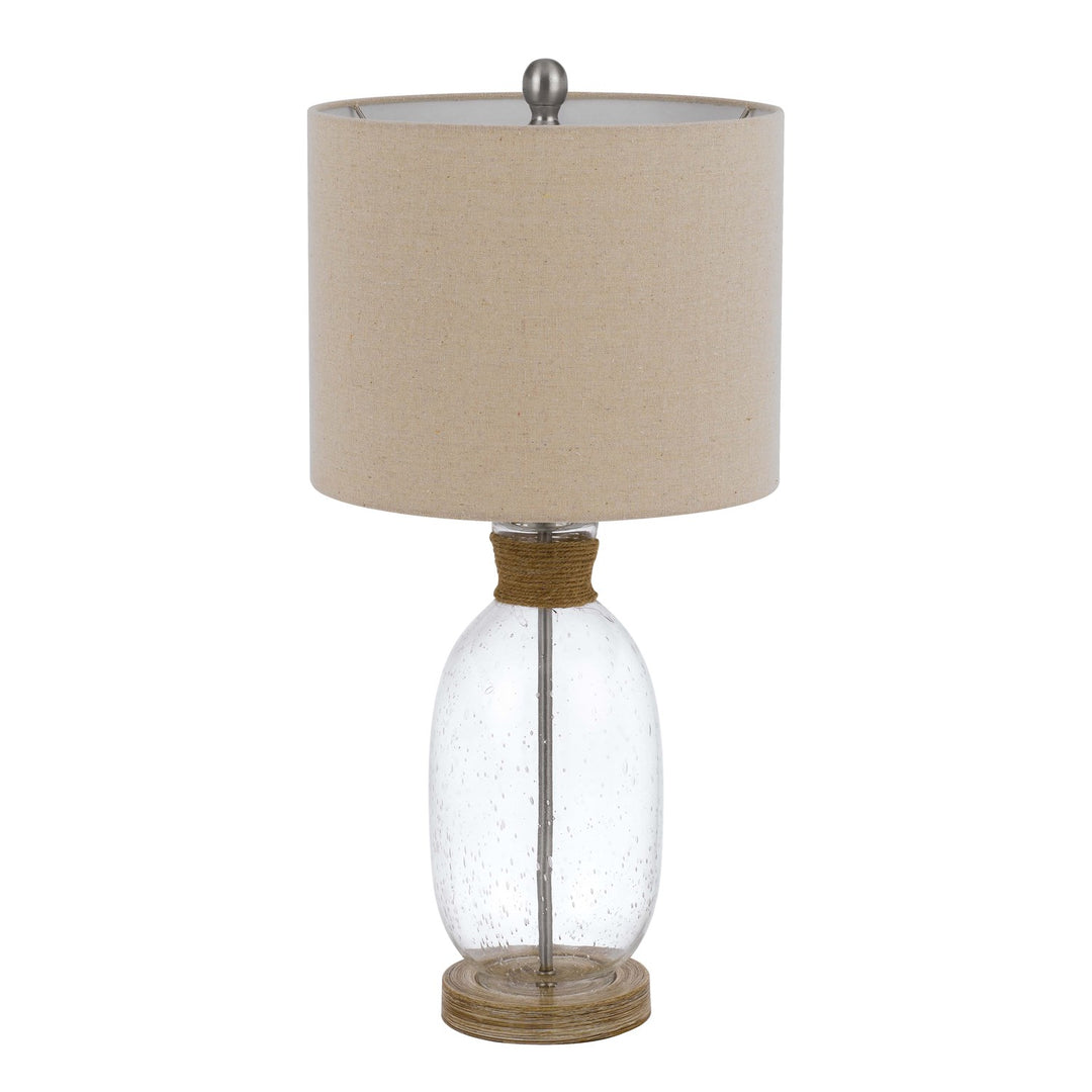 Bubbled Glass Table Lamp With Resin Base And Hardback Drum Linen Shade