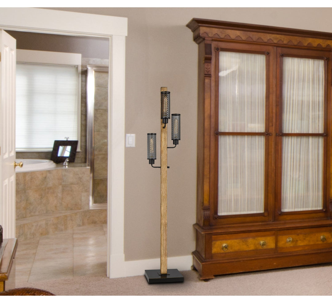 Lantern Style Rubber Wood / Metal Floor Lamp With Mesh Metal Shades