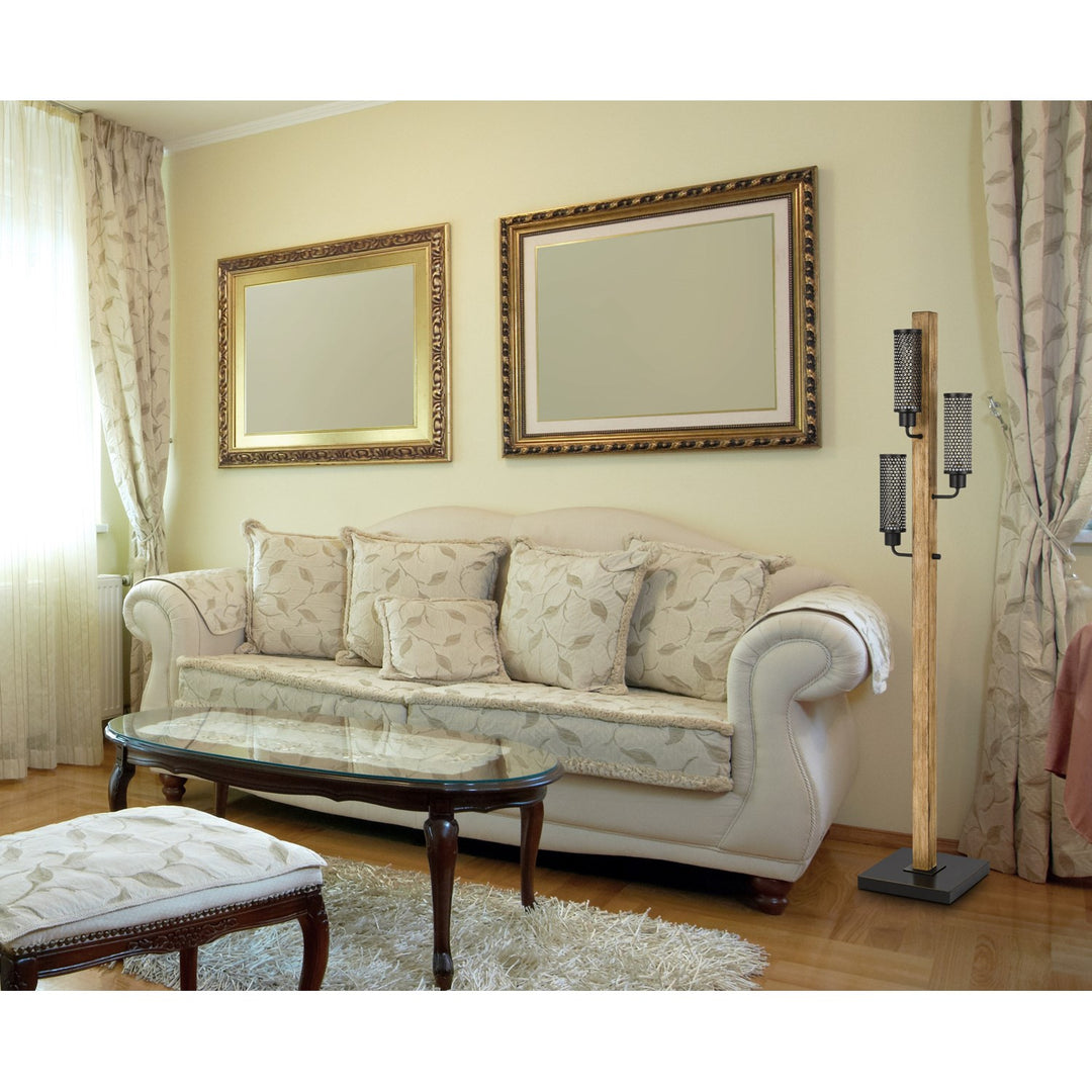 Lantern Style Rubber Wood / Metal Floor Lamp With Mesh Metal Shades