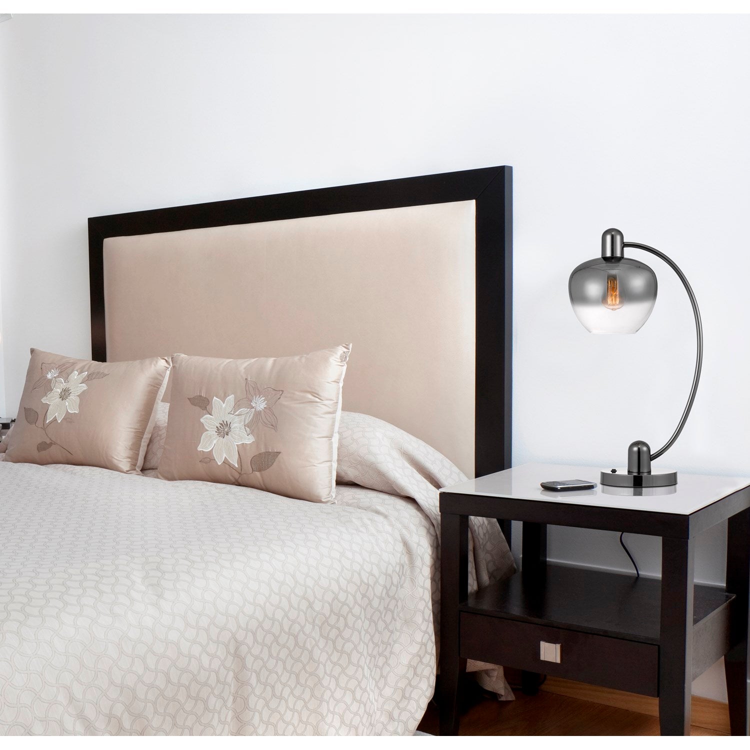 Metal Arc Table Lamp With Electoral Plated Smoked Glass Shade