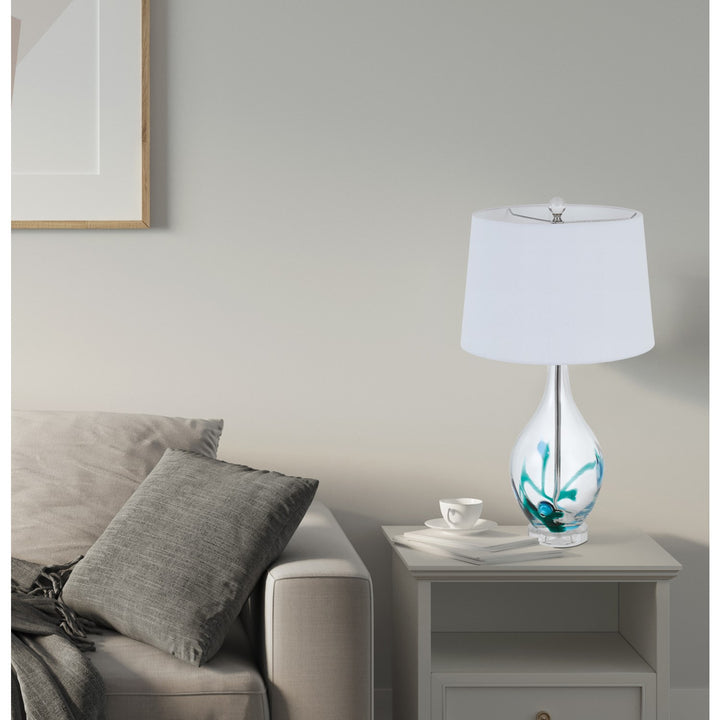 150W 3 Way  Glass Table Lamp With Hardback Taper Drum Fabric Shade