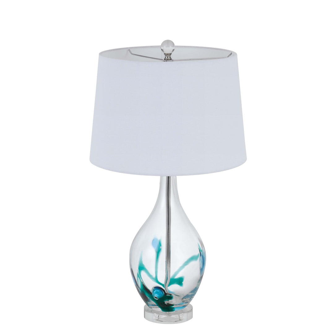 150W 3 Way  Glass Table Lamp With Hardback Taper Drum Fabric Shade