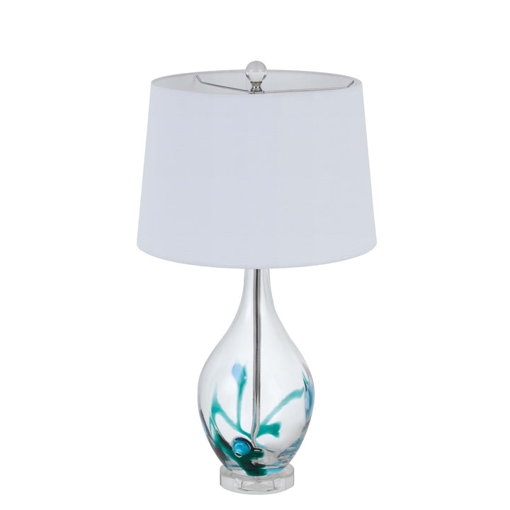 150W 3 Way  Glass Table Lamp With Hardback Taper Drum Fabric Shade