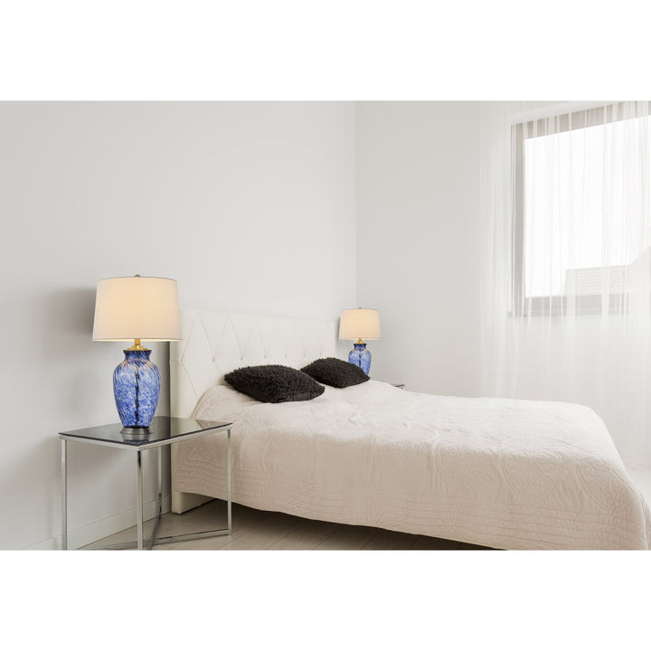150W 3 Way  Glass Table Lamp With Hardback Taper Drum Fabric Shade