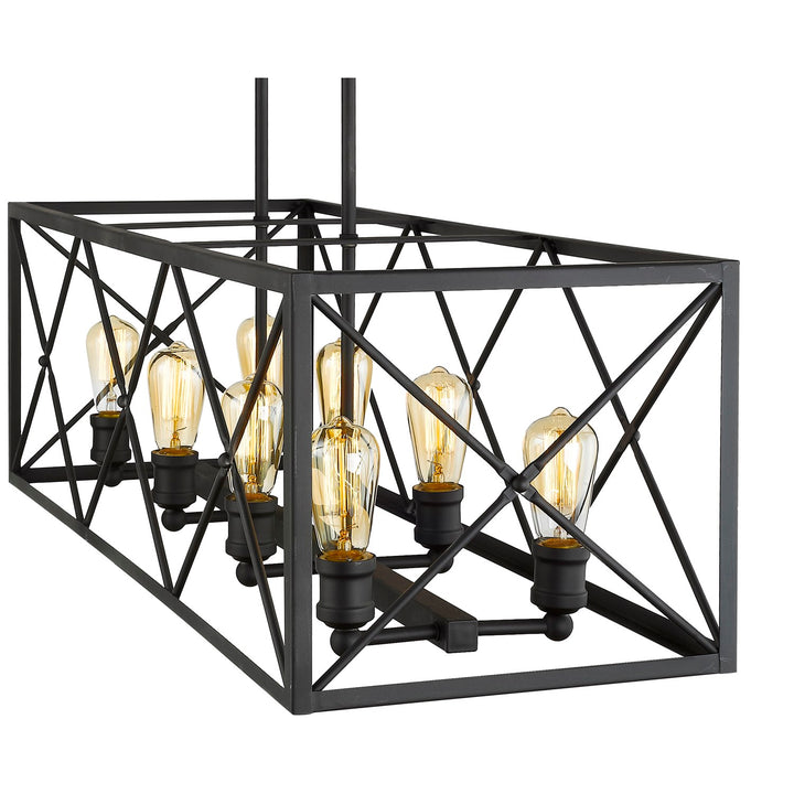 8-Light Matte Black Island Pendant With Metal Framework Shade