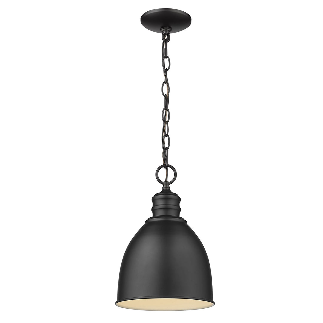 1-Light Matte Black Pendant With Gloss White Interior Shade