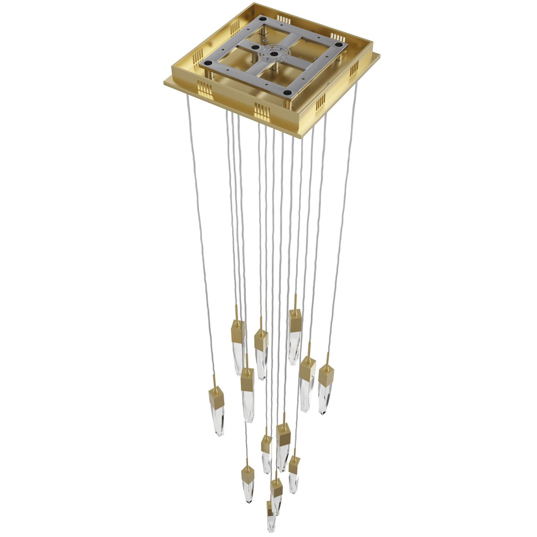 Brushed Brass 13 Light Pendant Fixture With Clear Crystal