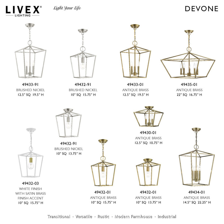 3 Light Antique Brass Square Semi-Flush