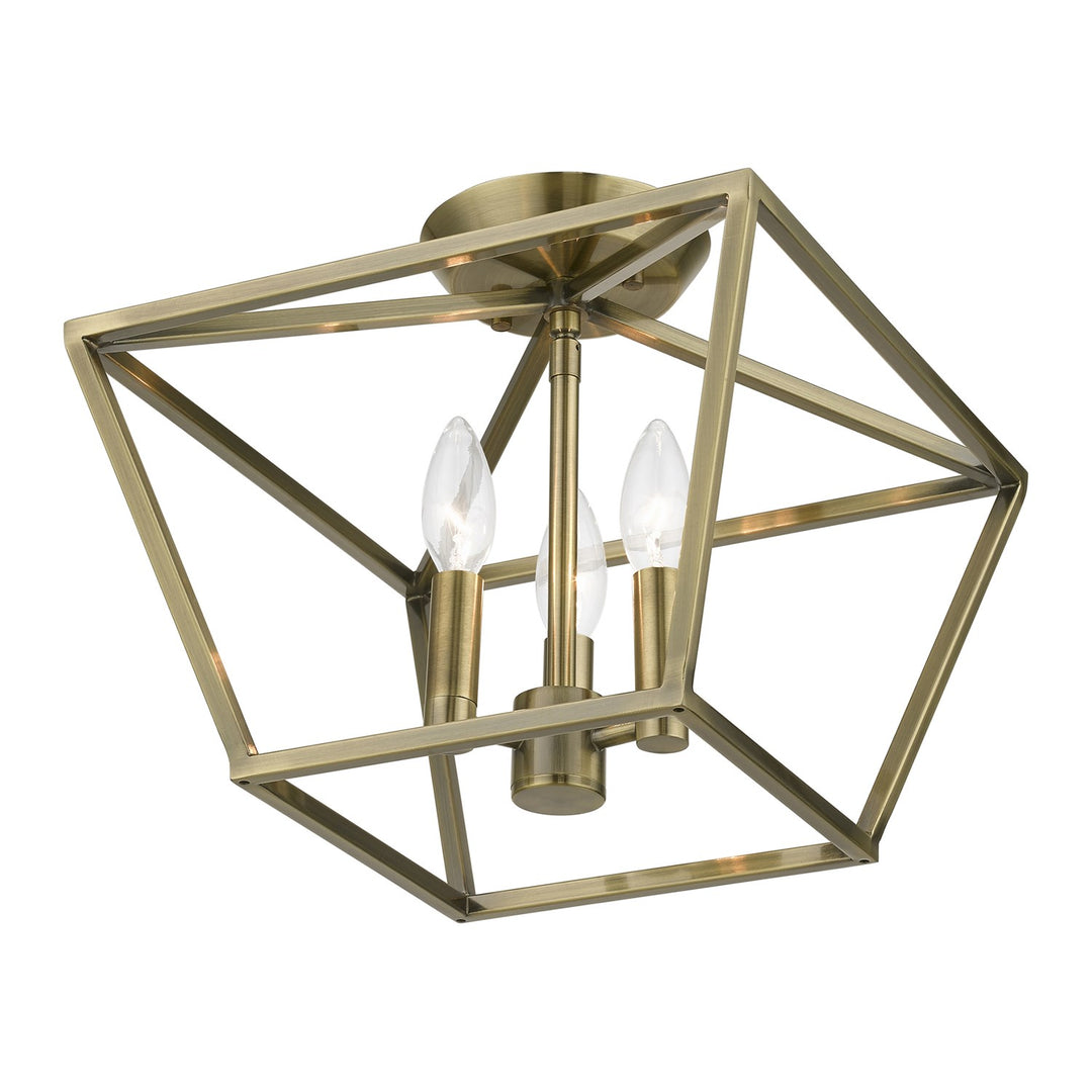 3 Light Antique Brass Square Semi-Flush