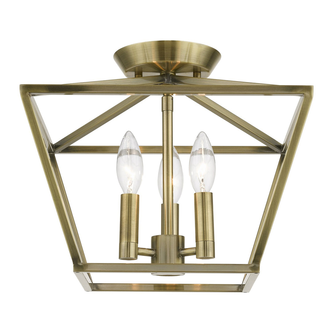 3 Light Antique Brass Square Semi-Flush