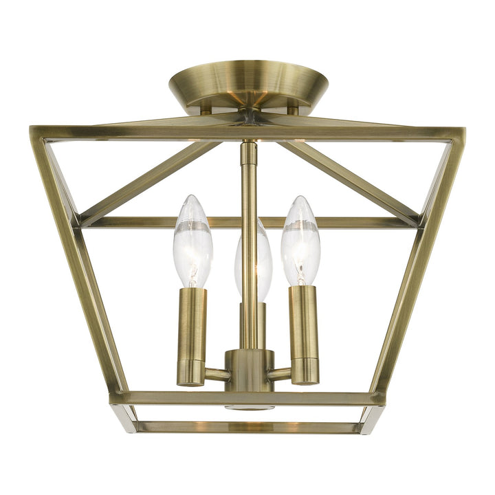 3 Light Antique Brass Square Semi-Flush