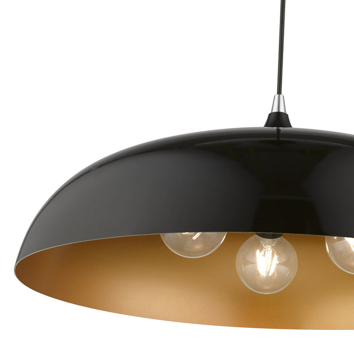 3 Light Shiny Black With Polished Chrome Accents Large Pendant