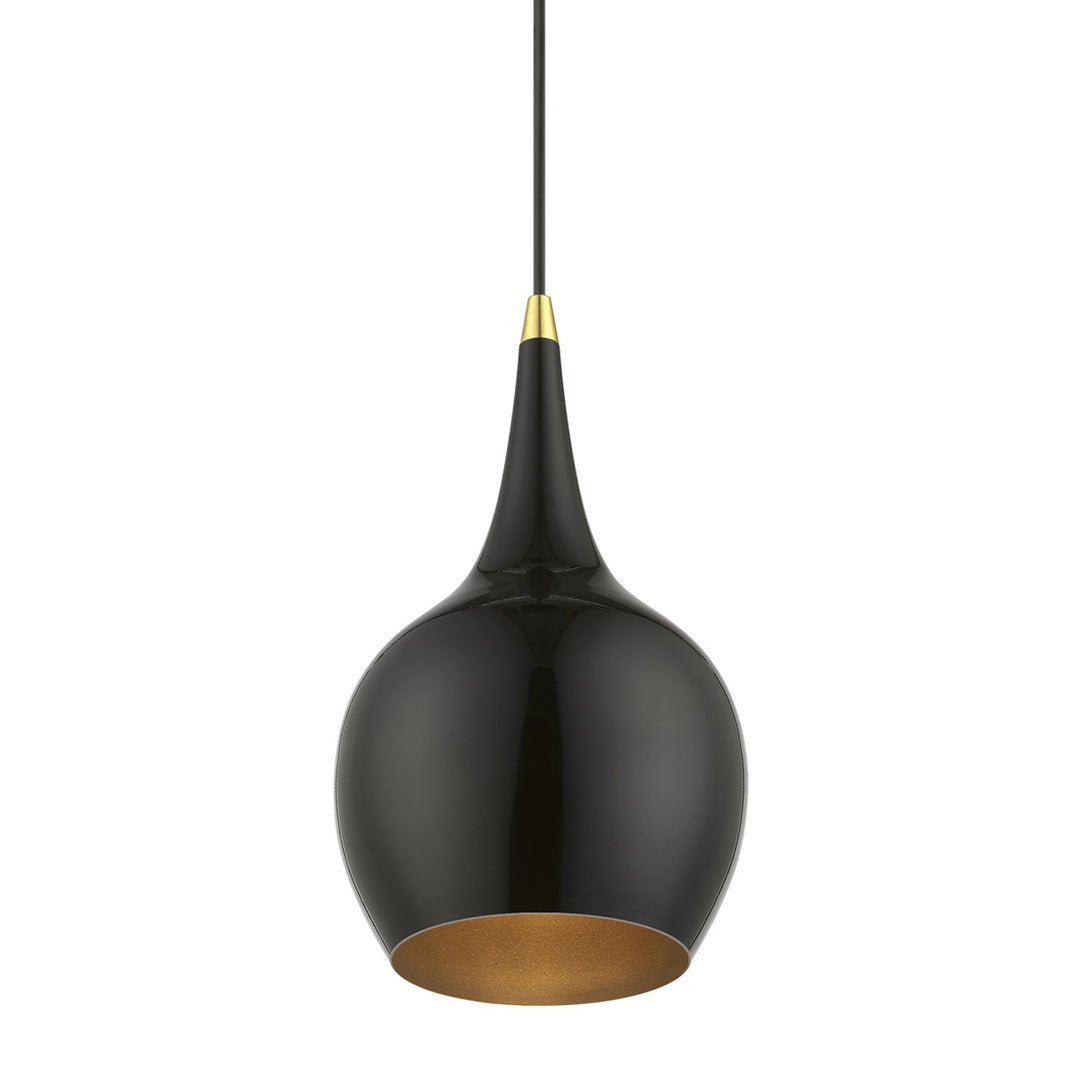1 Light Shiny Black With Polished Brass Accents Mini Pendant