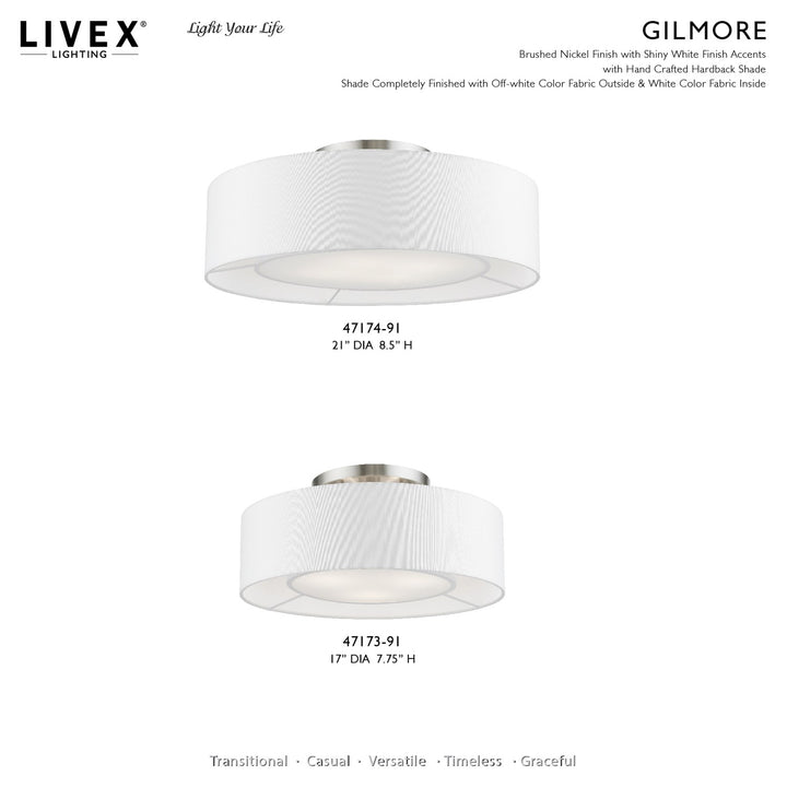 3 Light Brushed Nickel With Shiny White Accents Semi-Flush