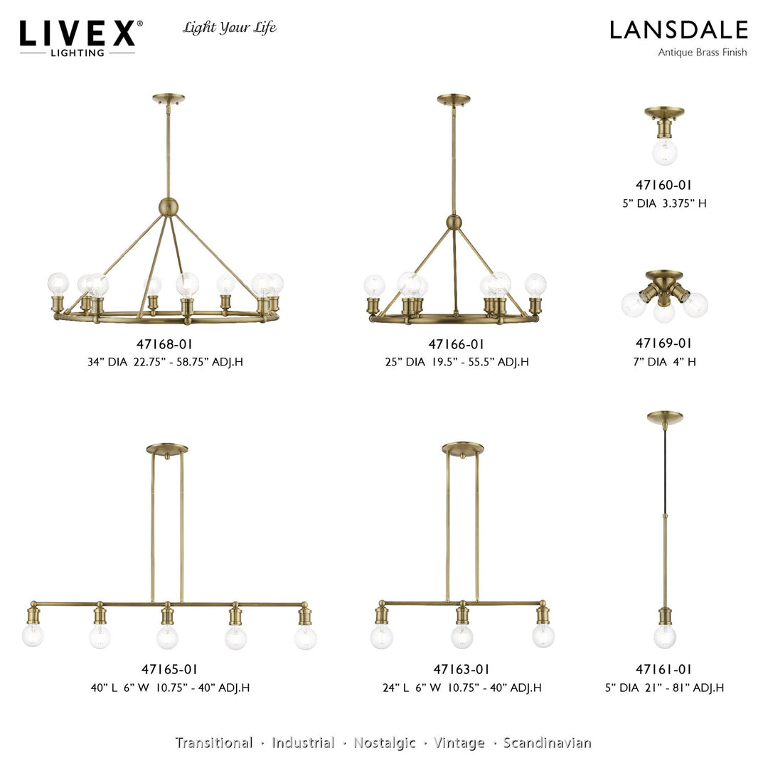 5 Light Antique Brass Large Linear Chandelier