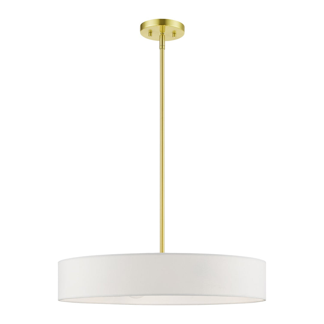 4 Light Satin Brass With Shiny White Accents Medium Drum Pendant by Livex Lighting