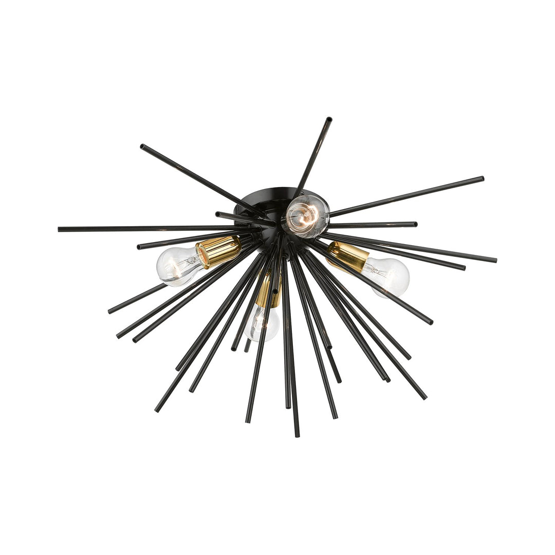 4 Light Shiny Black With Polished Brass Accents Large Flush Mount