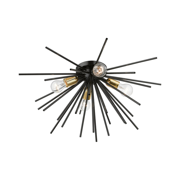 4 Light Shiny Black With Polished Brass Accents Large Flush Mount