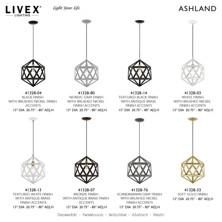 1 Light Textured White With Antique Brass Accents Pendant