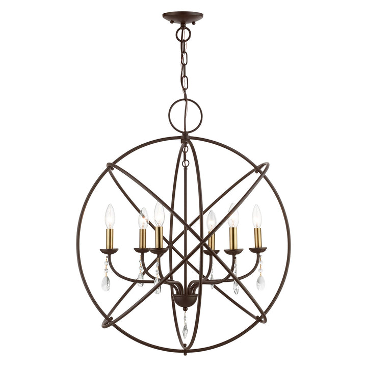 6 Light Bronze With Antique Brass Finish Candles Globe Pendant Chandelier by Livex Lighting