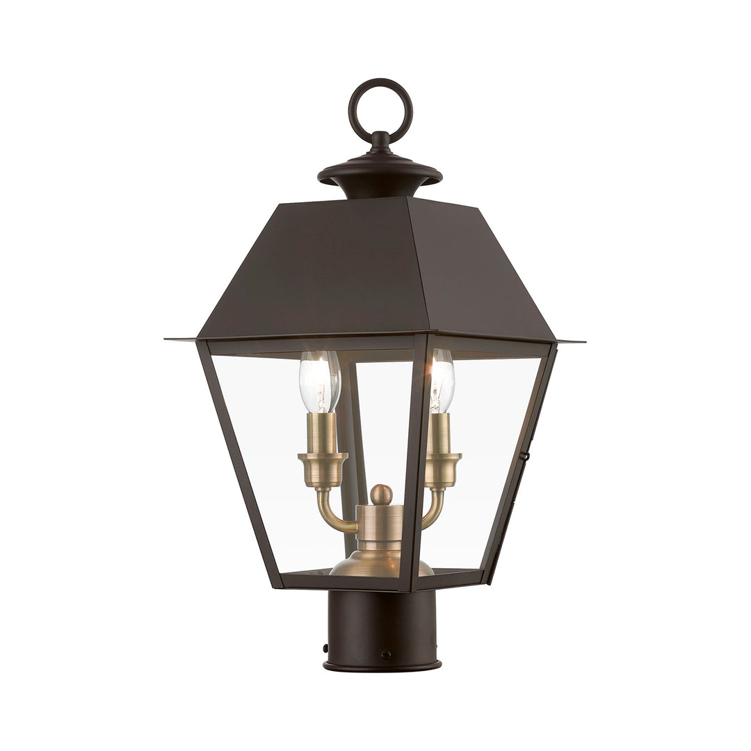 2 Light Bronze With Antique Brass Finish Cluster Outdoor Medium Post Top Lantern by Livex Lighting