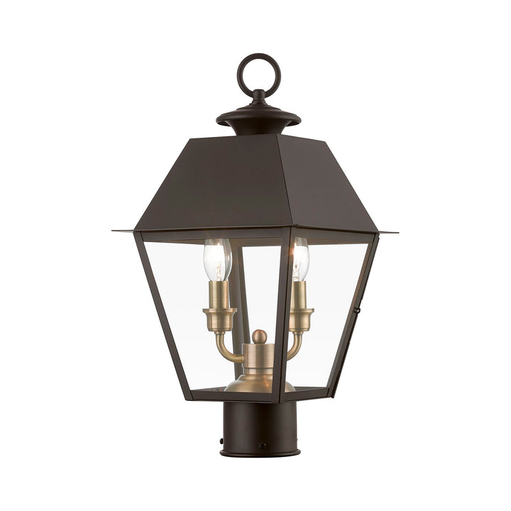 2 Light Bronze With Antique Brass Finish Cluster Outdoor Medium Post Top Lantern by Livex Lighting