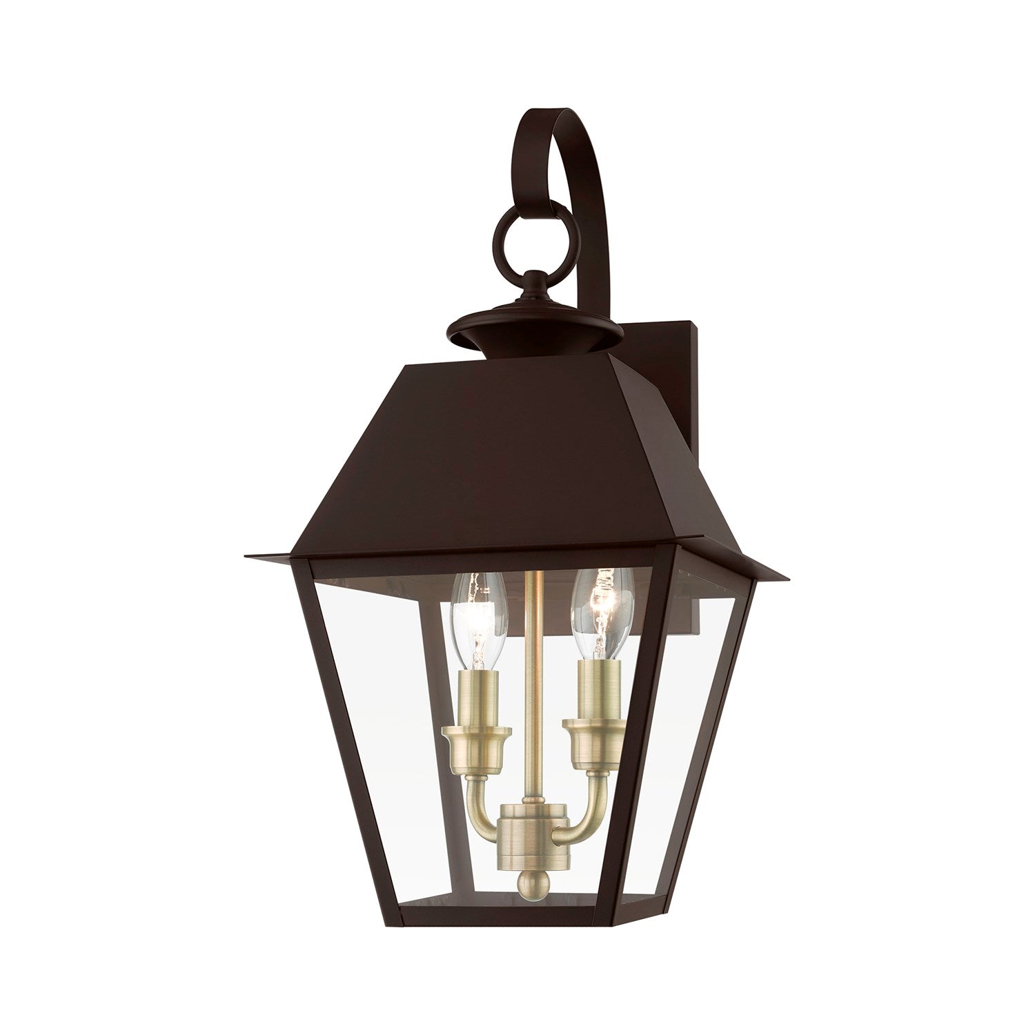 2 Light Bronze With Antique Brass Finish Cluster Outdoor Medium Wall Lantern