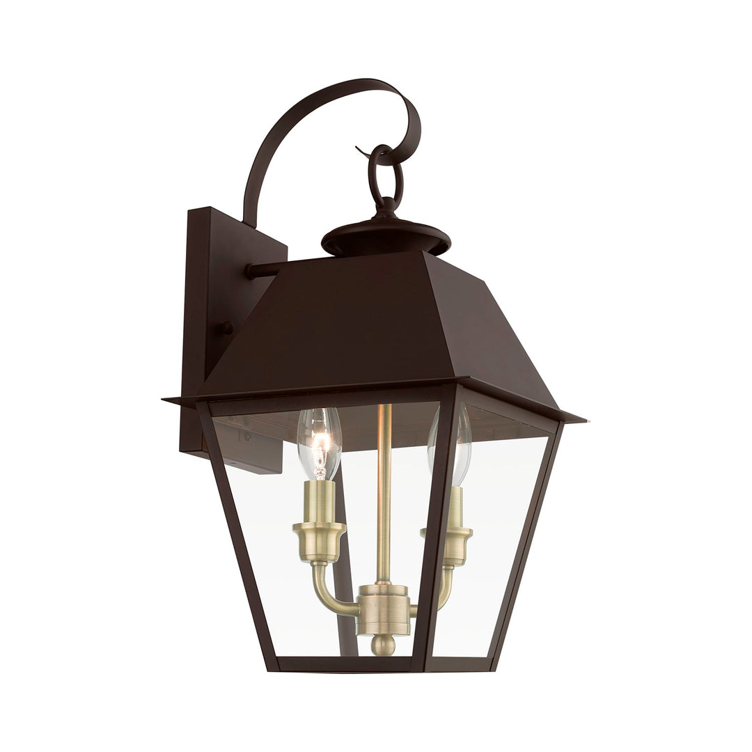 2 Light Bronze With Antique Brass Finish Cluster Outdoor Medium Wall Lantern