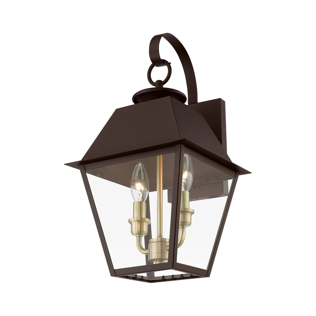 2 Light Bronze With Antique Brass Finish Cluster Outdoor Medium Wall Lantern