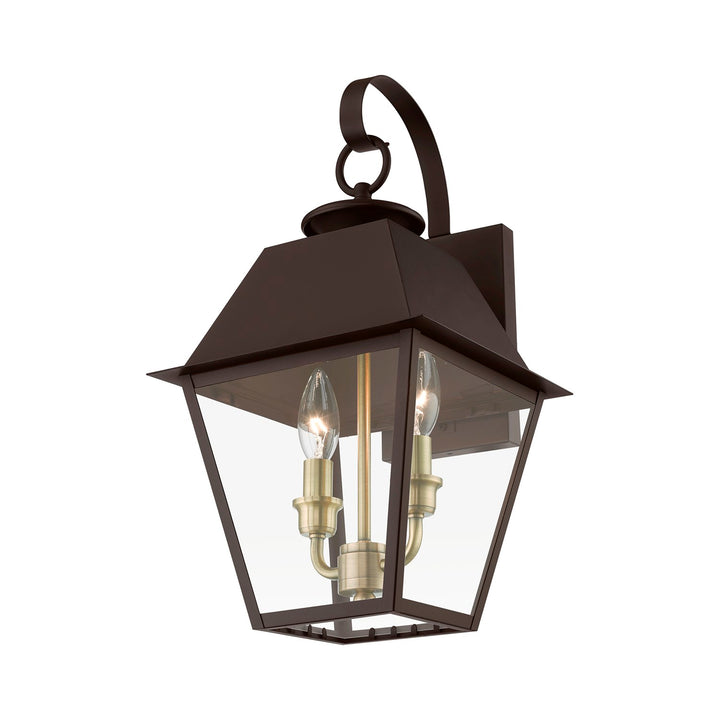 2 Light Bronze With Antique Brass Finish Cluster Outdoor Medium Wall Lantern