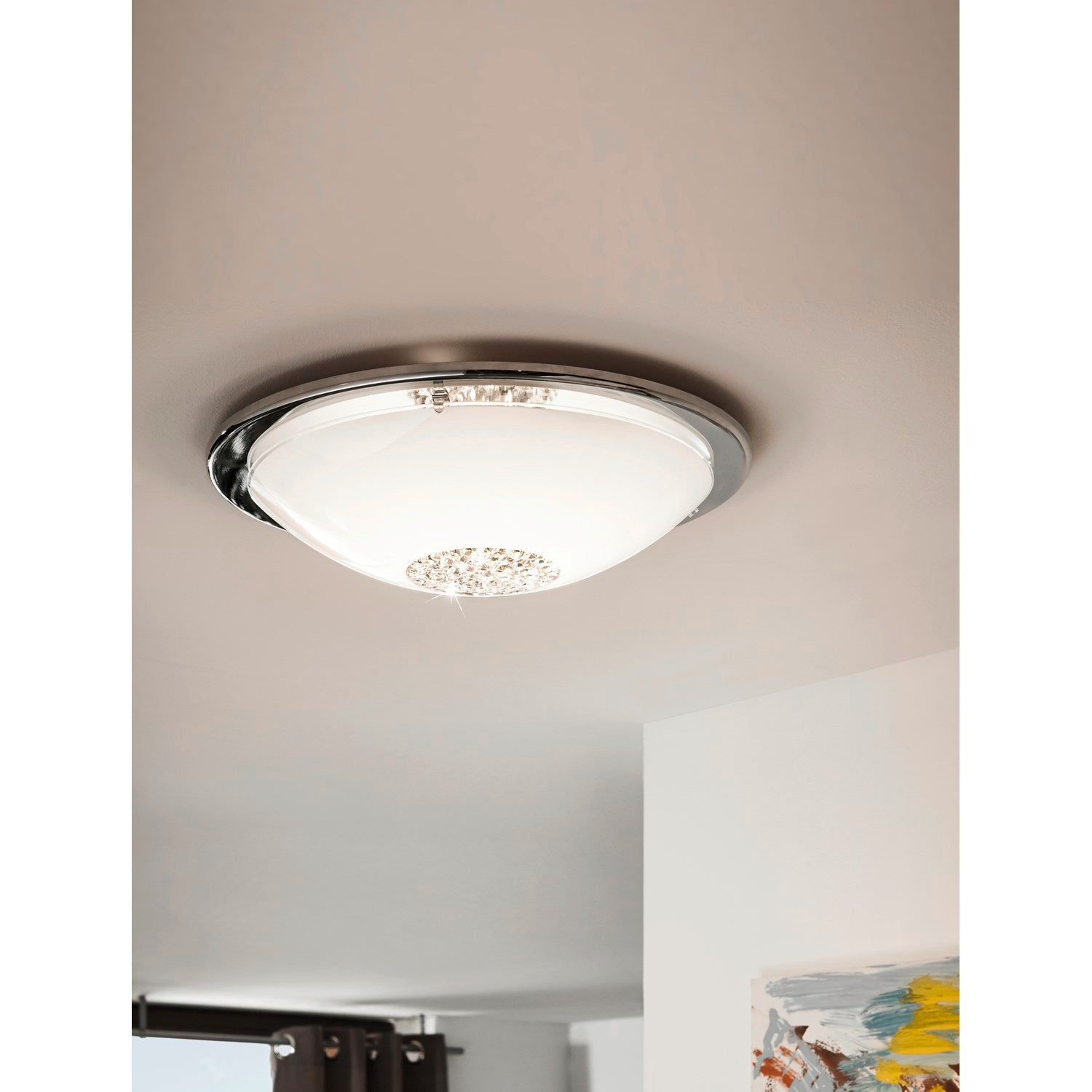 Led Ceiling Light Chrome Finish With White Glass And Clear Crystals
