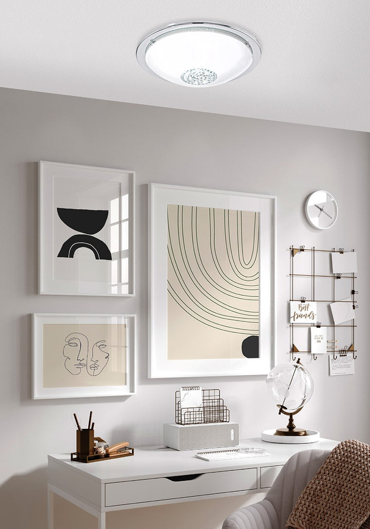 Led Ceiling Light Chrome Finish With White Glass And Clear Crystals