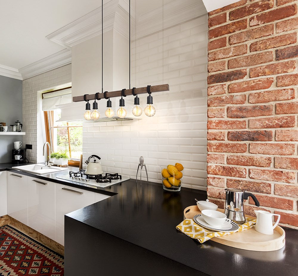 6 Light Linear Pendant - Black And Dark Brown Wood