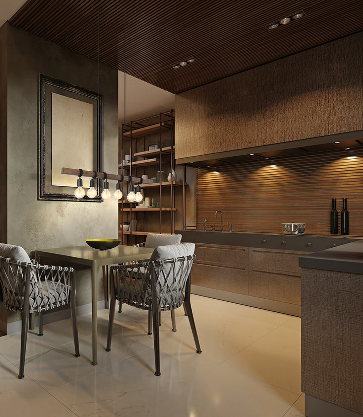 6 Light Linear Pendant - Black And Dark Brown Wood