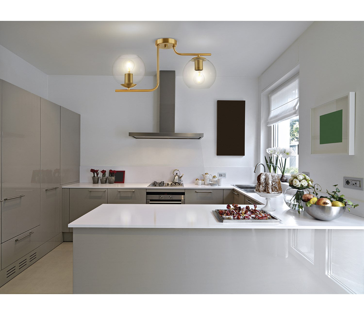 2X40W Ceiling Light With Brushed Gold Finish And Clear Glass Shades