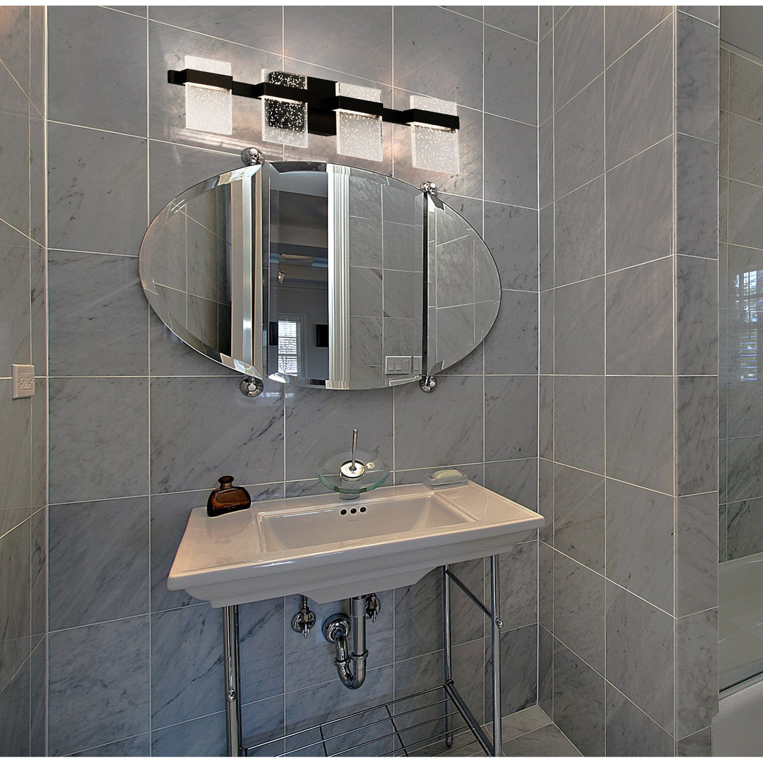 4X10W Led Bath/Vanity Light With Black Finish And Clear Seedy Acrylic Shade