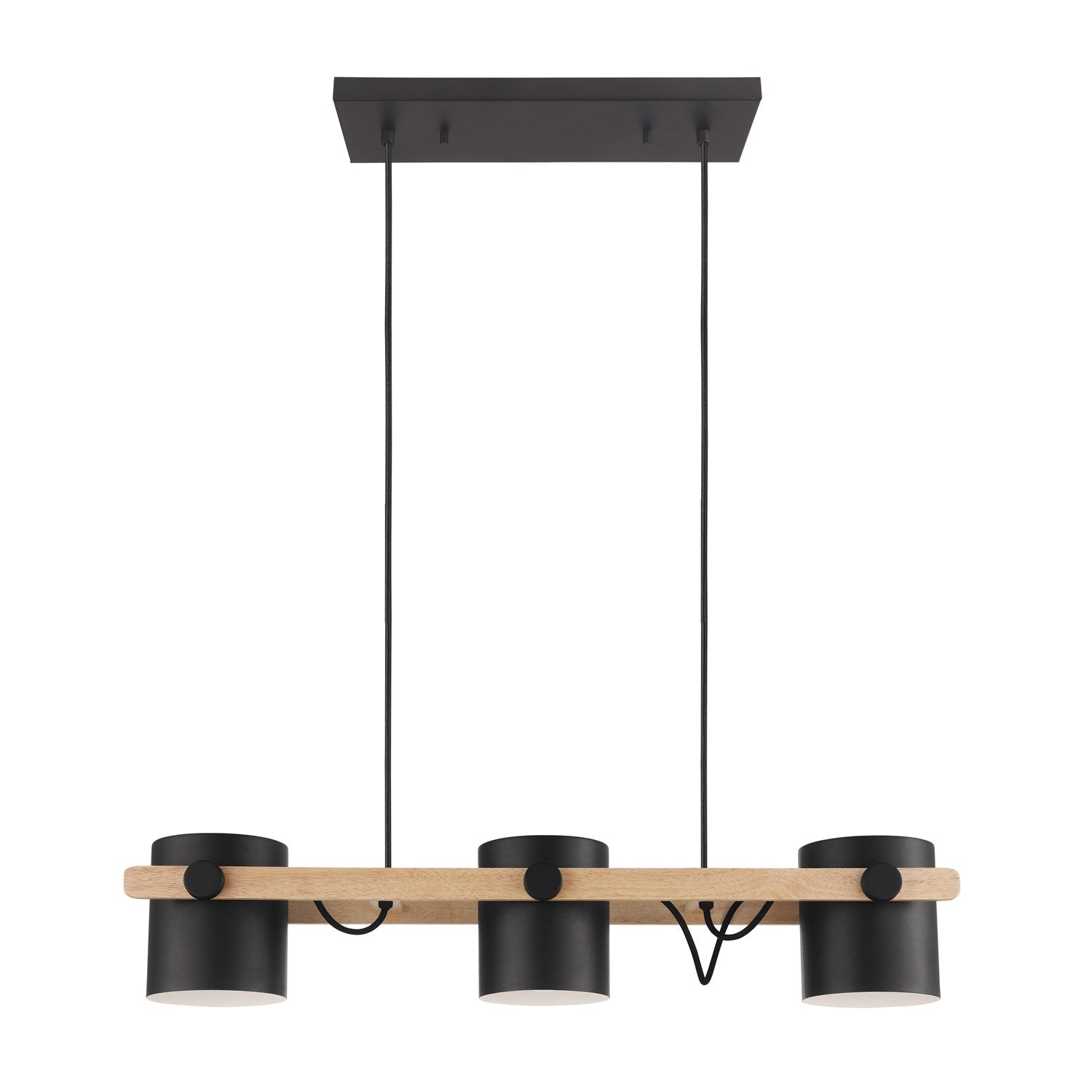Three Light Linear Pendant Black And Wood Finish Metal Black Shades by Eglo