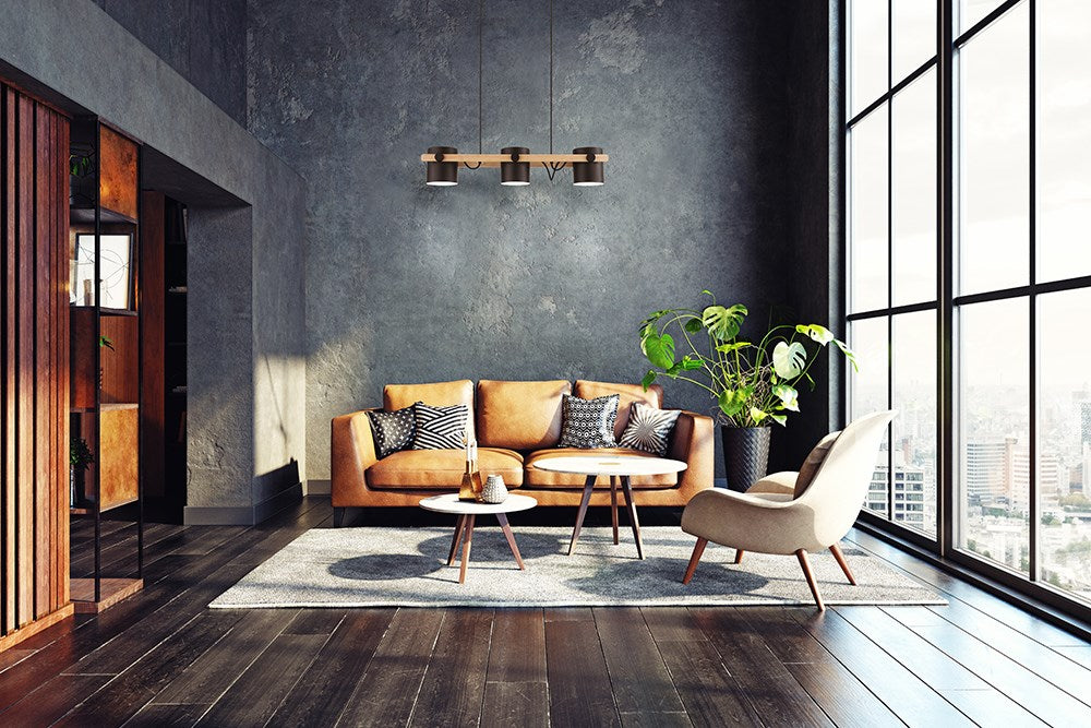 Three Light Linear Pendant Black And Wood Finish Metal Black Shades