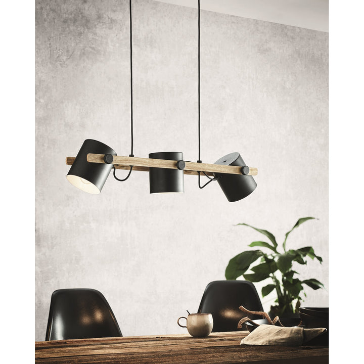 Three Light Linear Pendant Black And Wood Finish Metal Black Shades