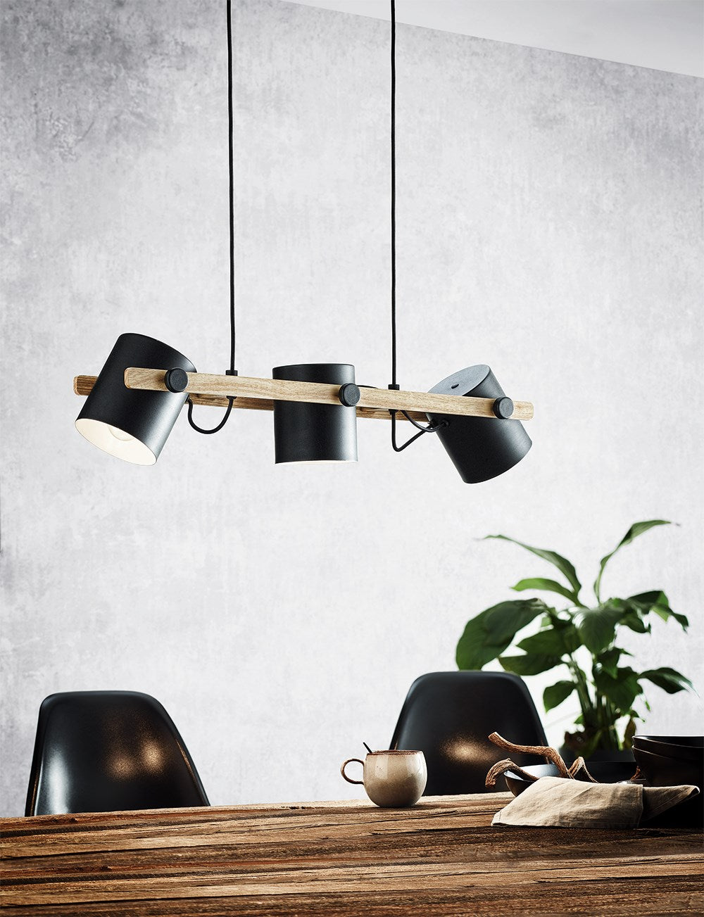 Three Light Linear Pendant Black And Wood Finish Metal Black Shades
