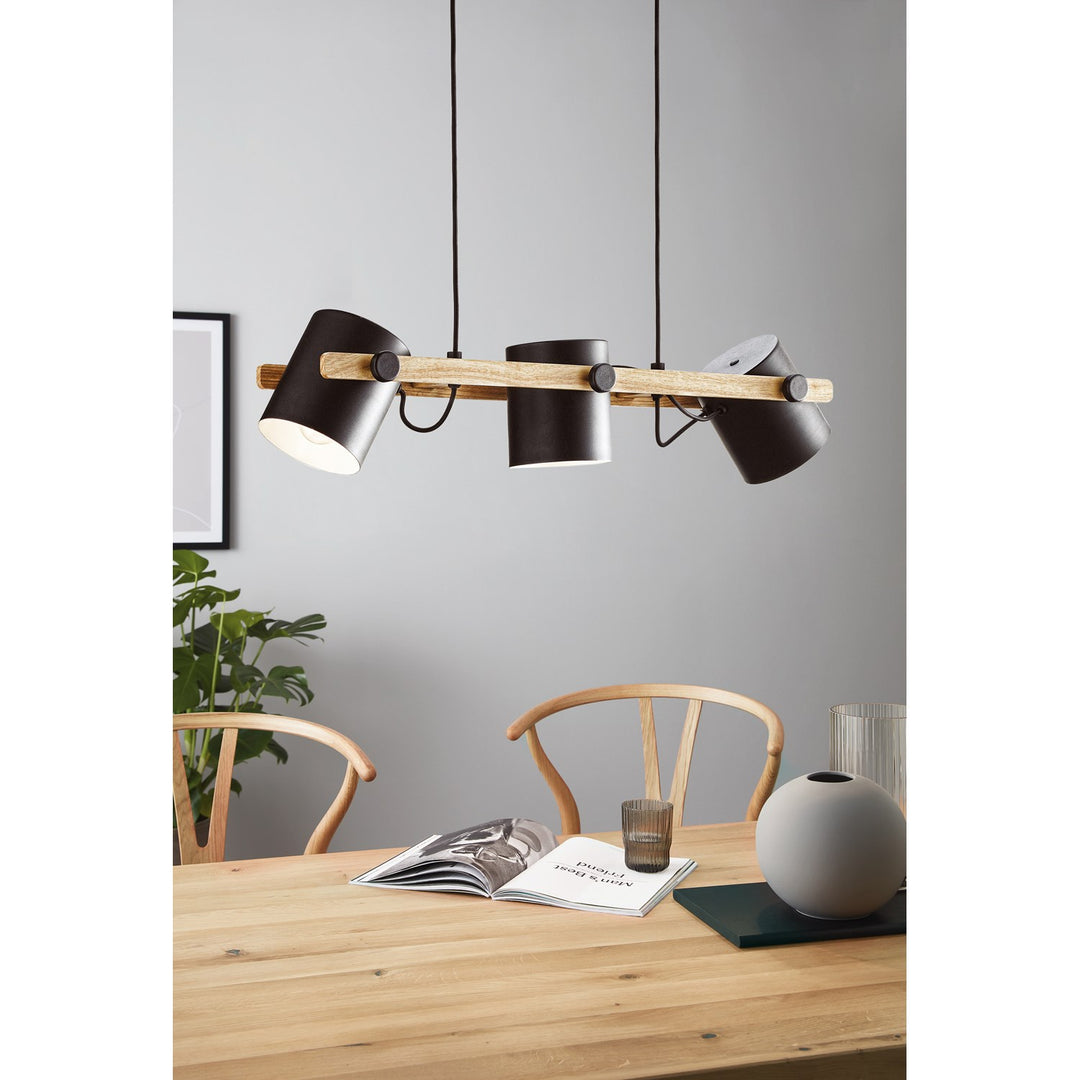 Three Light Linear Pendant Black And Wood Finish Metal Black Shades