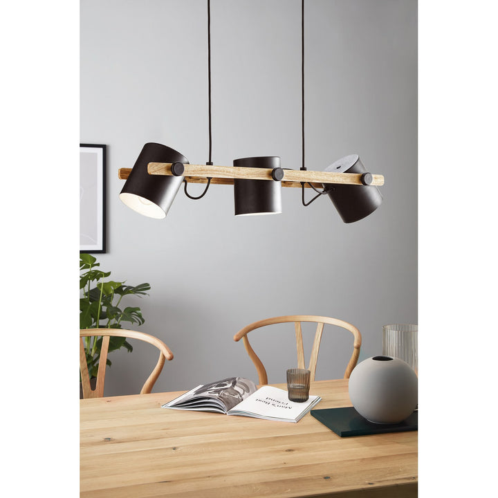 Three Light Linear Pendant Black And Wood Finish Metal Black Shades
