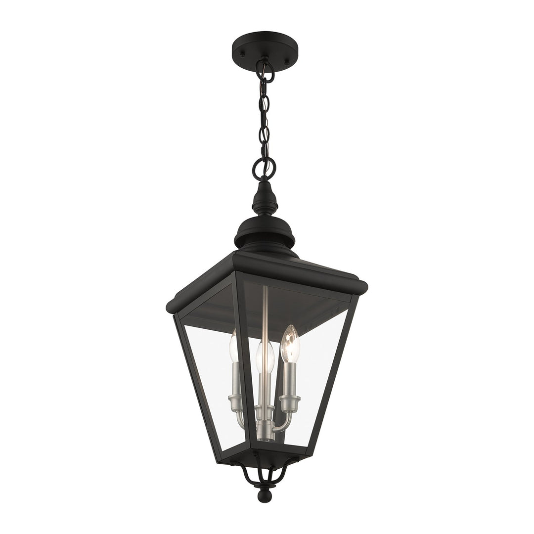 3 Light Black Outdoor Large Pendant Lantern With Brushed Nickel Finish Cluster