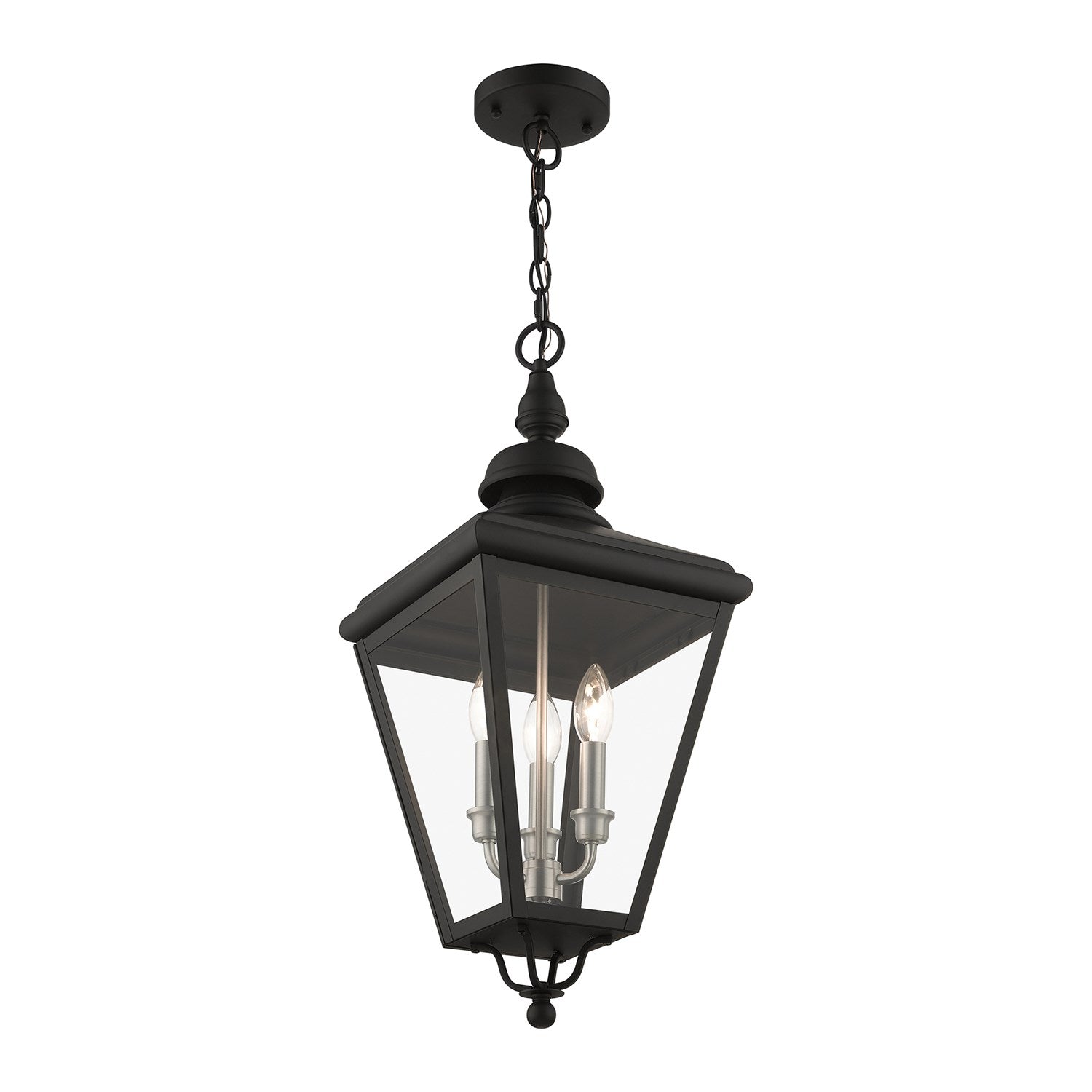3 Light Black Outdoor Large Pendant Lantern With Brushed Nickel Finish Cluster