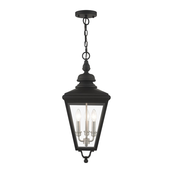 3 Light Black Outdoor Large Pendant Lantern With Brushed Nickel Finish Cluster