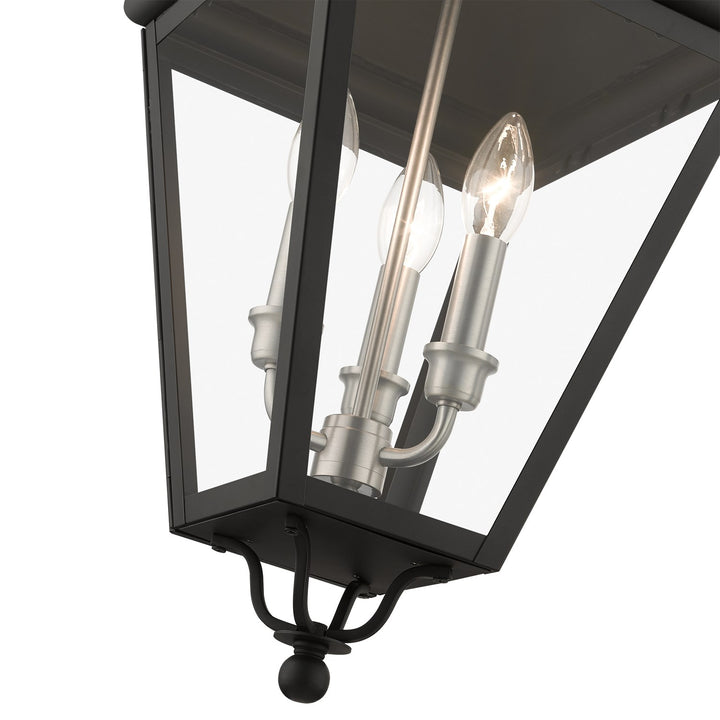 3 Light Black Outdoor Large Pendant Lantern With Brushed Nickel Finish Cluster